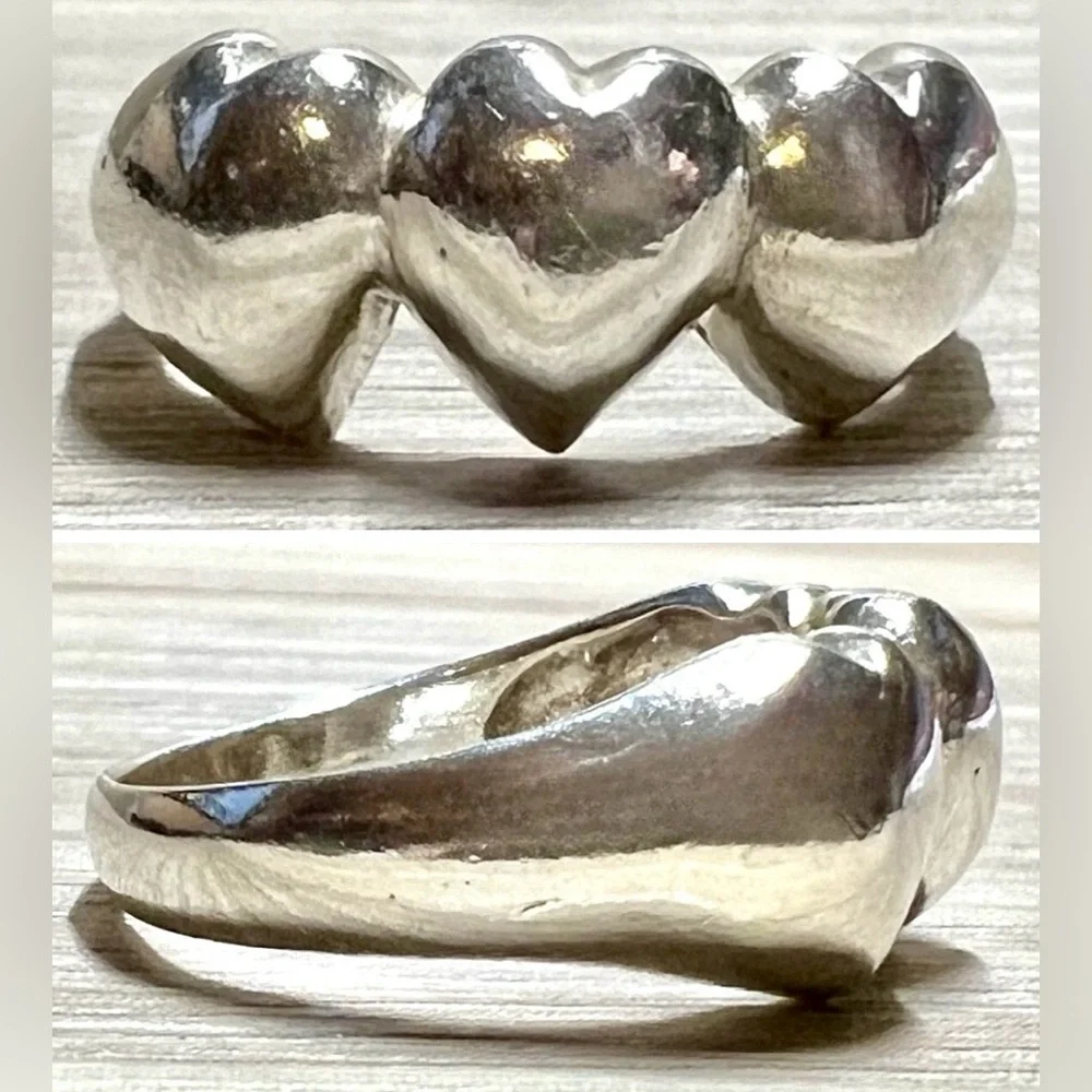 Vintage Handmade Sterling Silver Triple Heart Band Ring, Size 5.75, 3.2g